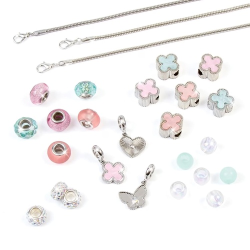 Make It Real Clover Top Jewelry Set DIY 24 Beads Charms 3 Bracelets Kit Girls
