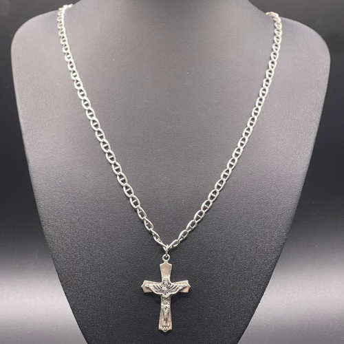 Unisex 925 Sterling Silver Anchor Link Chain & Crucifix Pendant