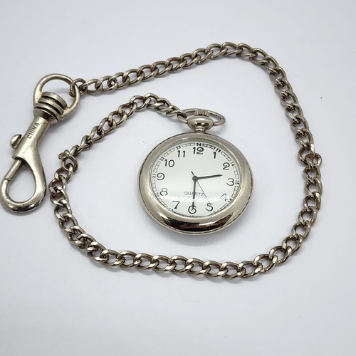 Silver Tone Quartz Fob Pocket Watch with Curb Chain and Military Dial