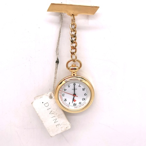 Divine Classic Gold Nurse Fob Watch 15 Pulsations White Dial with Chain Unisex