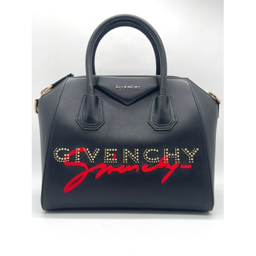 Givenchy Antigona Small Signature Series Black Leather Red Logo Bag MPD1119