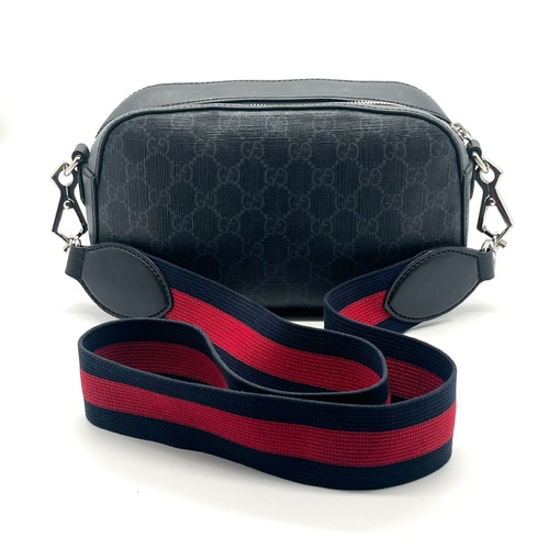 Gucci 574886 GG Supreme Canvas Black Red Web Stripe Leather Shoulder Bag