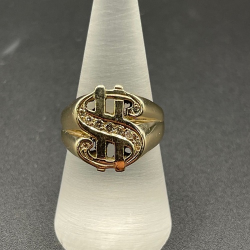 Mens 9ct Yellow Gold Dollar Sign Diamond Ring