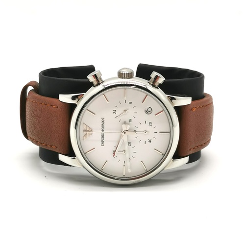 Armani Emporio White Dial Brown Leather Chronograph Mens Watch with Box