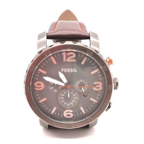 Fossil JR1419 Mens Chronograph Watch 50mm Grey Dial Brown Leather Band