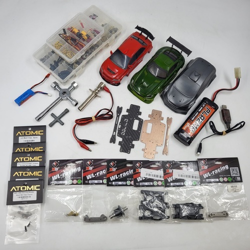 1:28 Scale RC Car Shells with Assorted Parts Lot 100+ Pcs Wheels Tools