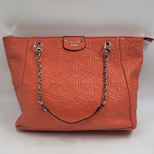 GUESS Coral Pink Quilted Geometric Chain Shoulder Tote Bag Handbag
