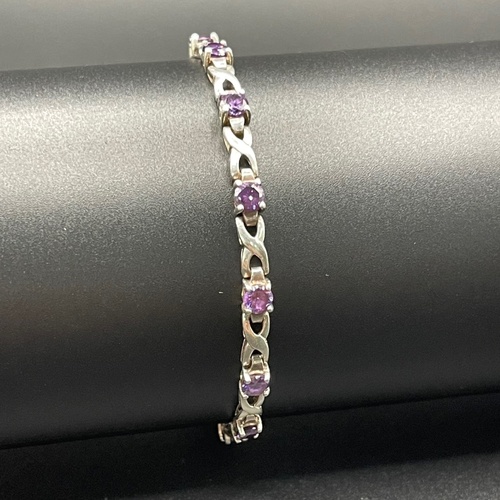Ladies 925 Sterling Silver Fancy Link Purple Gemstone Bracelet