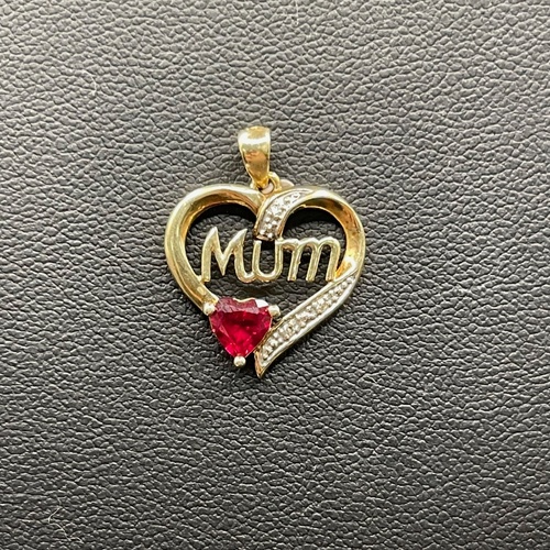 Ladies 9ct Yellow Gold Red Gemstone MUM Heart Pendant