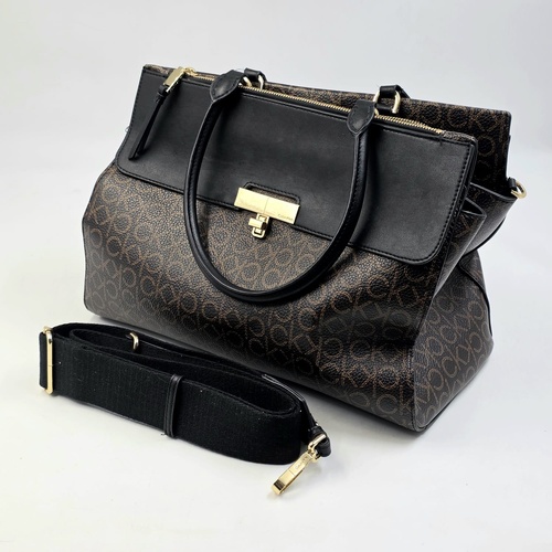 Calvin Klein Becky Triple Compartment Turnlock Tote Brown Khaki Black