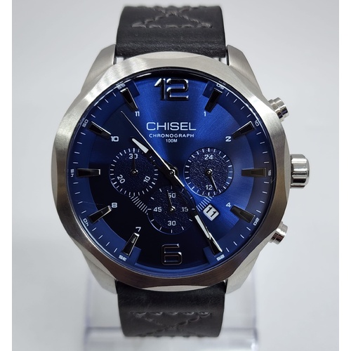Chisel 5827031 Mens Chronograph Watch Blue Dial Black Leather 100m WR