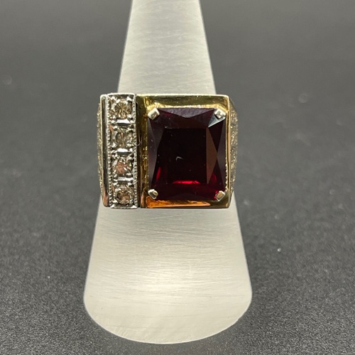 Mens 9ct Yellow Gold Red Ruby and Diamond Ring