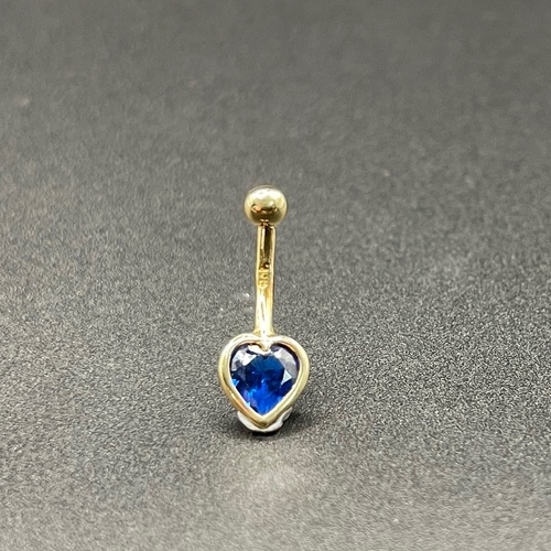 Ladies 9ct Yellow Gold Heart Blue Gemstone Navel Belly Ring