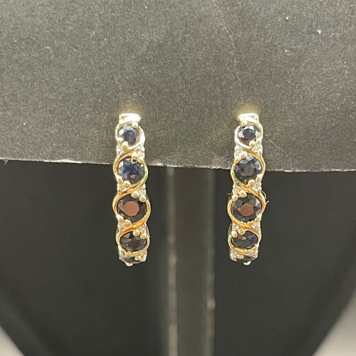 Ladies 9ct Yellow Gold Diamond & Sapphire Oval Hoop Earrings