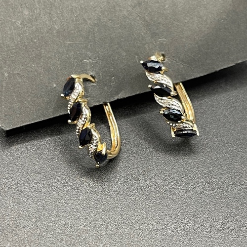 Ladies 9ct Yellow Gold Diamond & Sapphire Oval Hoop Earrings