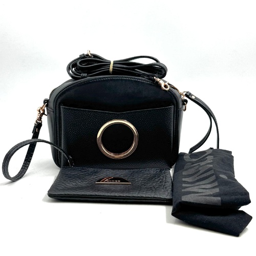 Mimco 60250329 Serene Crossbody Bag Black Pebbled Leather Rose Gold