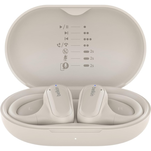 Belkin SoundForm ClearFit Open-Ear Wireless Earbuds - Bluetooth Headphones with IPX5 Water Resistance & Deep Bass - Sand