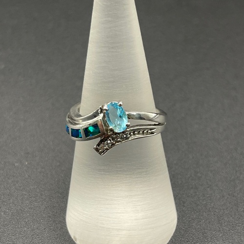 Ladies 925 Sterling Silver Blue Stone & Opal Ring