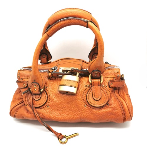 Chloe Paddington Orange Leather Handbag Gold Tone Hardware with Padlock and Key
