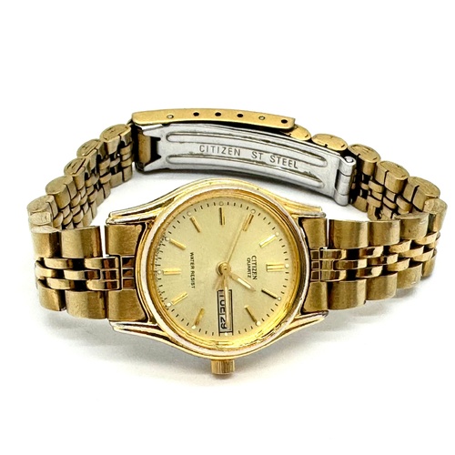 Citizen Quartz Gold Tone Day Date Watch Champagne Dial