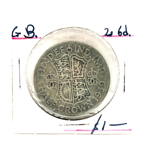 1939 Great Britain Half Crown Coin - King George VI - .500 Silver - Circulated Condition