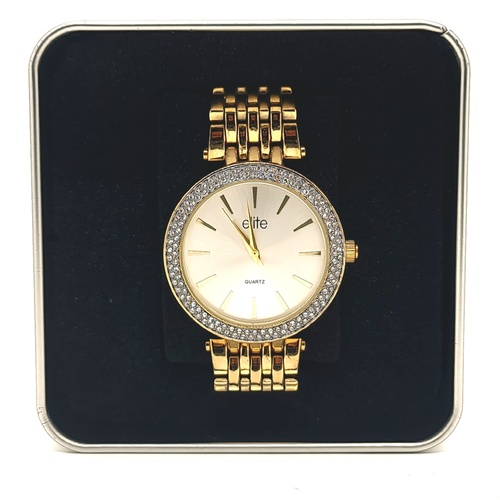 Elite Ladies Gold Tone Quartz Watch Crystal Bezel Sunray Dial 5080283