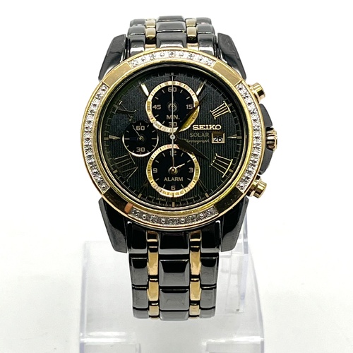 Seiko V172-0AN0 Le Grand Sport Solar Chronograph Black Gold Tone Watch