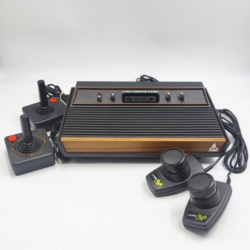 Atari 2600 Woody 4-Switch Console CX2600 PA With 2 Joysticks & Paddle Controllers