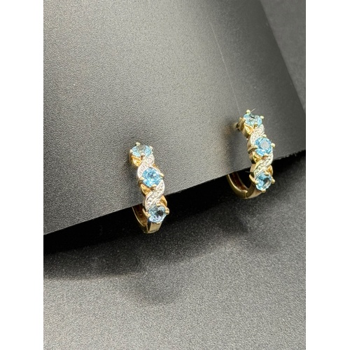 Ladies 9ct Yellow Gold Blue Gemstone & Diamond Huggie Hoop Earrings