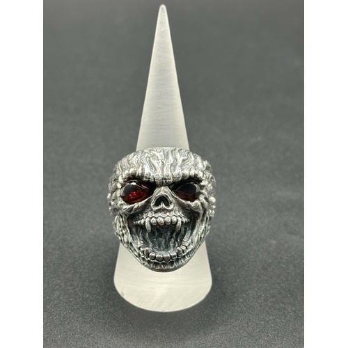 Mens 925 Sterling Silver Red Stone Skull Ring