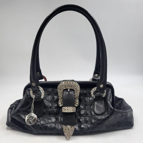 Ralph Raviani Black Leather Satchel Handbag Croc Embossed Rhinestone Buckle