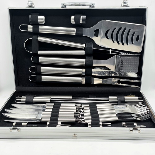 30pc Stainless Steel BBQ Grill Tool Set Utensils Kit Silver Hard Case