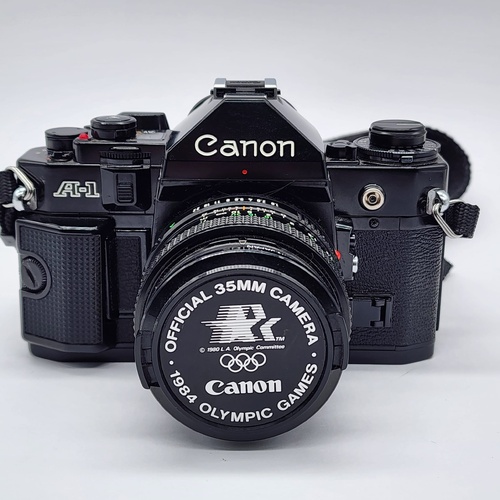 Canon Vintage A-1 35mm SLR Film Camera FD 50mm f/1.8 Lens 1984 Olympic Games Cap