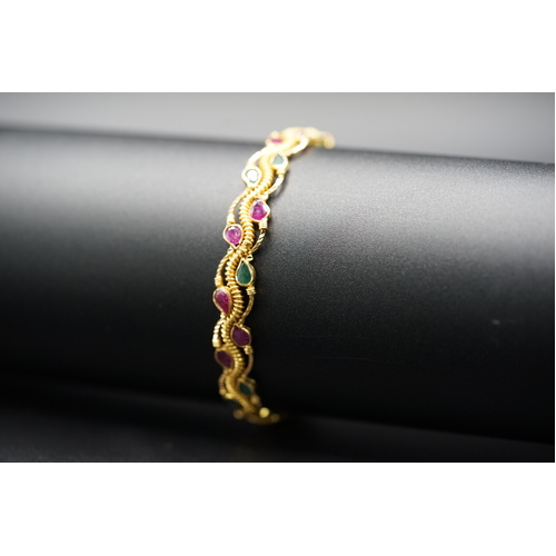 Ladies 21ct Yellow Gold Round Red & Pink Gemstone Bangle
