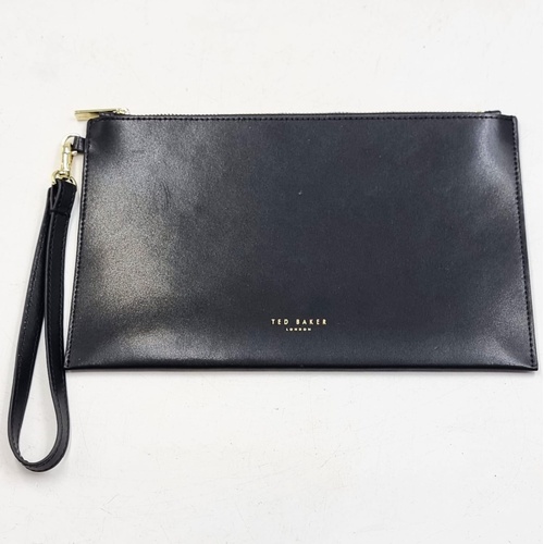 Ted Baker London Black Leather Envelope Wristlet Clutch Zip Pouch Gold Tones