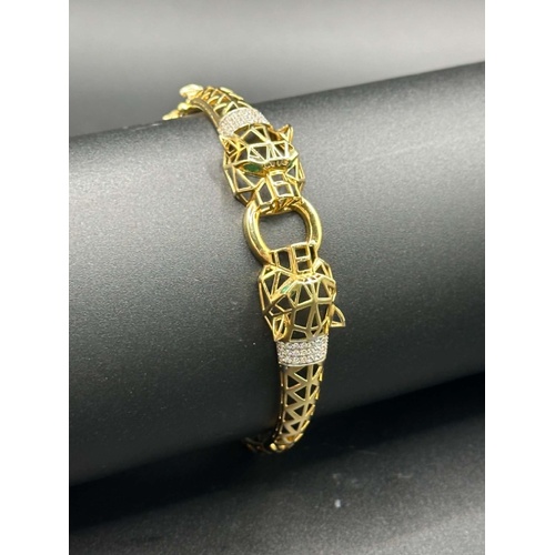 Unisex 18ct Yellow Gold Panther Green Gemstone Bangle