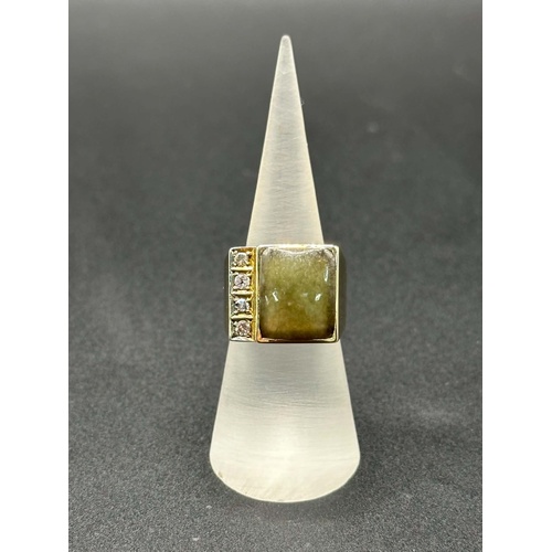 Mens 14ct Yellow Gold Green Gemstone and Diamonds Ring