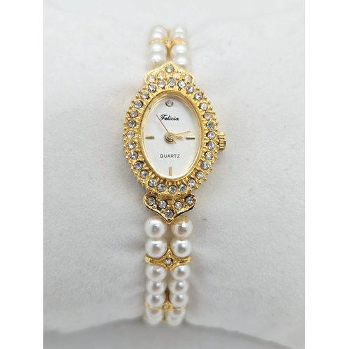 Felicia Ladies Quartz Watch Gold Tone Crystal Bezel Faux Pearl Band