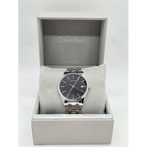 Calvin Klein Mens Quartz Watch K4N211 Silver Steel Black Dial Boxed