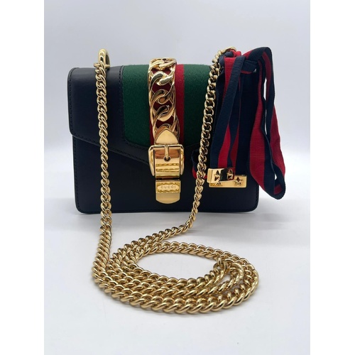 Gucci Sylvie Mini Chain Shoulder Bag Calfskin Leather Black 431666 + COA
