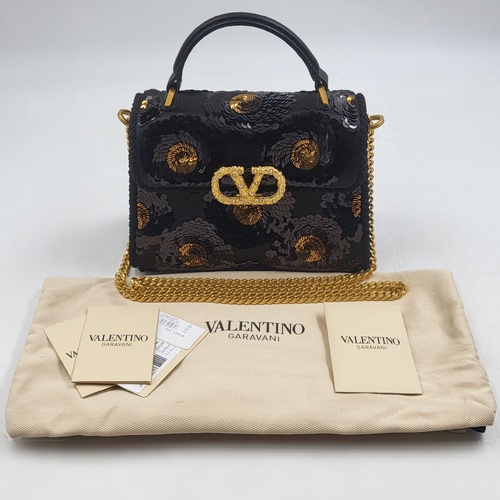 Authentic Valentino Garavani VSLING Mini Black Sequin Top Handle Bag Gold Chain