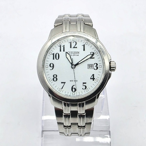 Citizen Eco-Drive E111 White Dial Silver Steel Mens Watch Date WR100