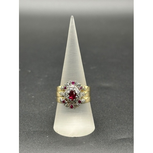 Ladies 9ct Yellow Gold Red Sapphire & Diamond 3 Ring Set