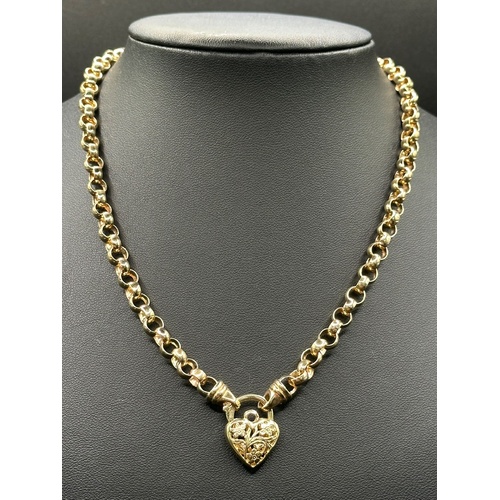 Ladies 9ct Yellow Gold Round Belcher Link Heart Clasp Necklace