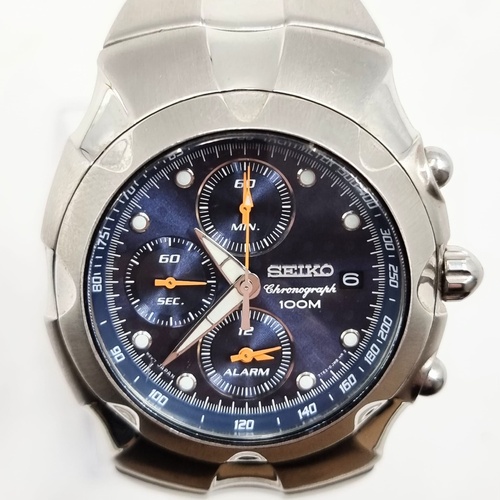Seiko Chronograph 100M 7T62-0GM0 Mens Watch Black Dial Alarm Tachymeter