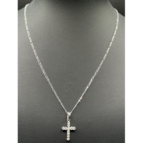 Ladies 18ct White Gold Figaro Chain & Cubic Zirconia Cross Pendant