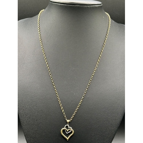 Ladies 9ct Yellow Gold Belcher Link Chain & Double Heart Diamond Pendant