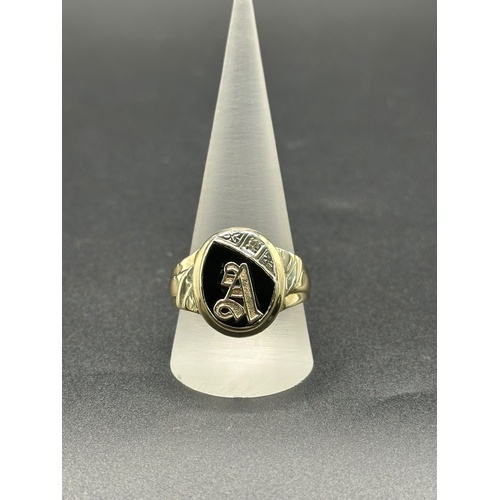 Mens 10ct Yellow Gold Diamond & Black Onyx Initial “A” Ring