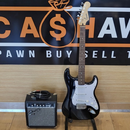 Squier Black Stratocaster Electric Guitar w/ Fender Frontman 10G Amp & Cable
