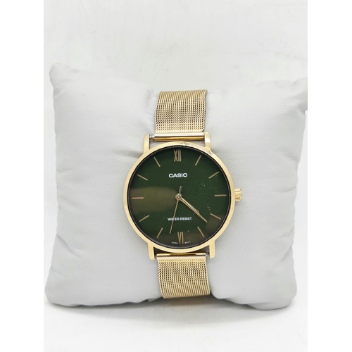 Casio Mens Gold Watch Green Dial Stainless Steel Mesh Analogue MTP-VT01G
